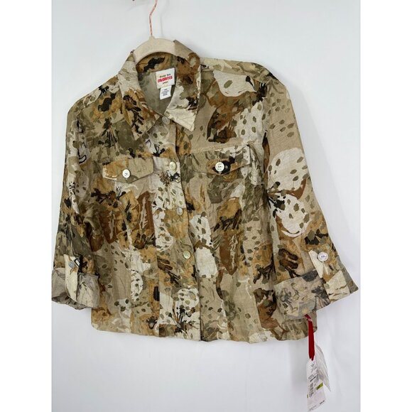 Ruby Rd. Burnout Button Roll Tab Sleeve Jacket Tan Brown 14 Petite NEW - Picture 3 of 5